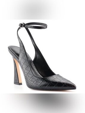3S Black Croc-Embossed Ankle Strap Pump Heels (698406)